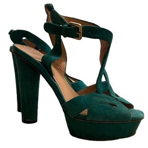 New Vince Camuto Green Turquoise Suede Sandals Heels platform Sole 6.5 READ